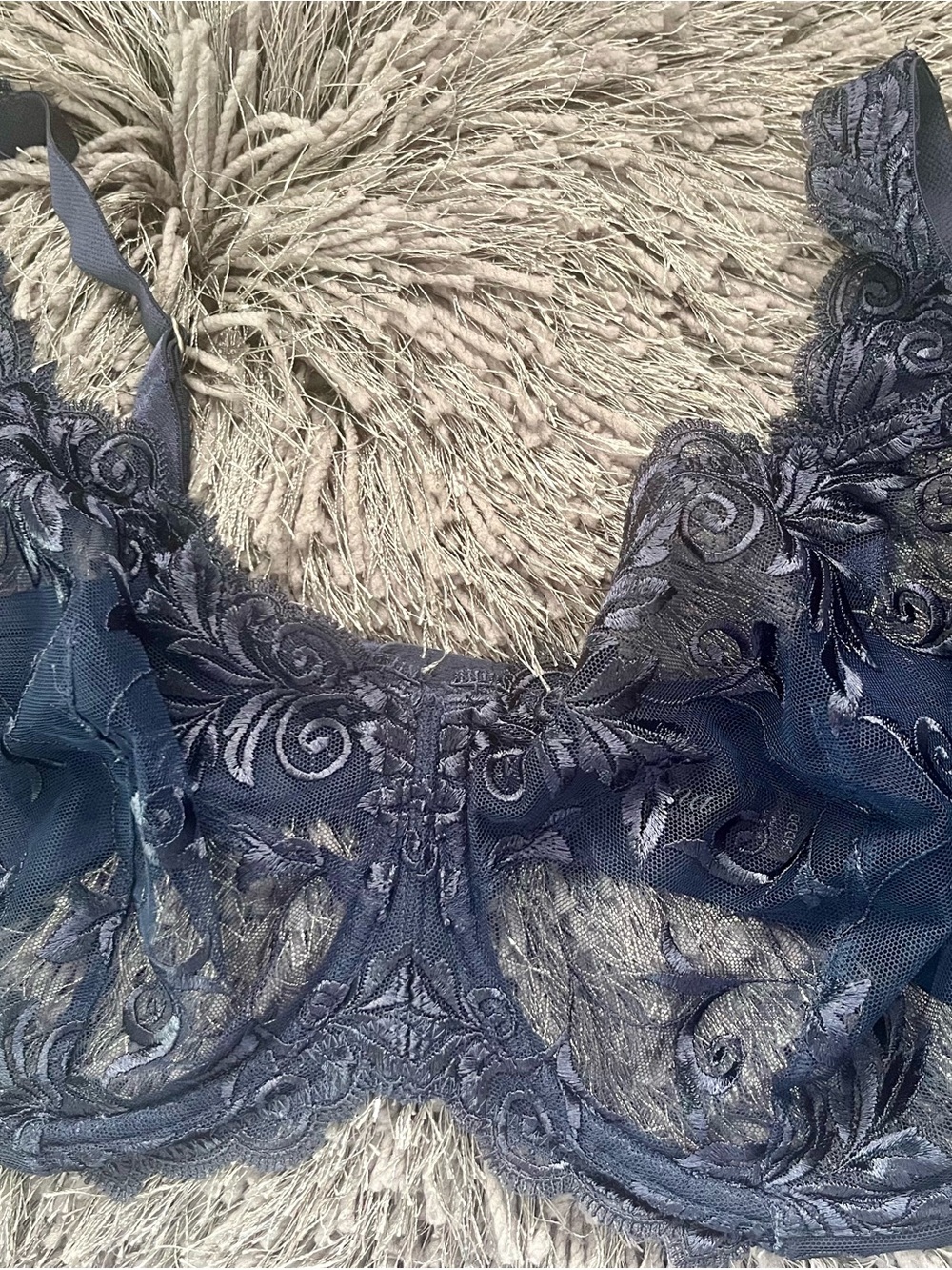 36DDD Soma navy lace underwire bra with sheer embroidery.